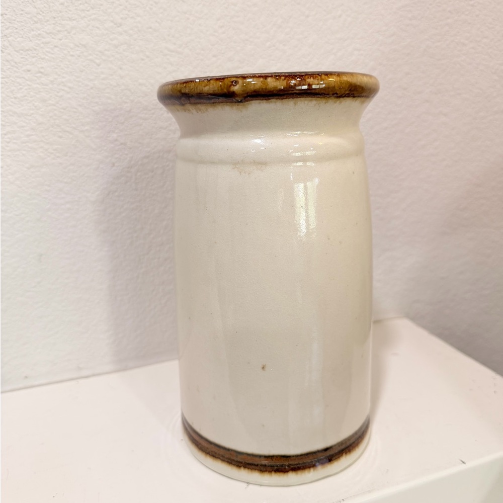 Vintage Stoneware Crock Vase Farmhouse Pottery Utensil Holder Neutral Ceramic